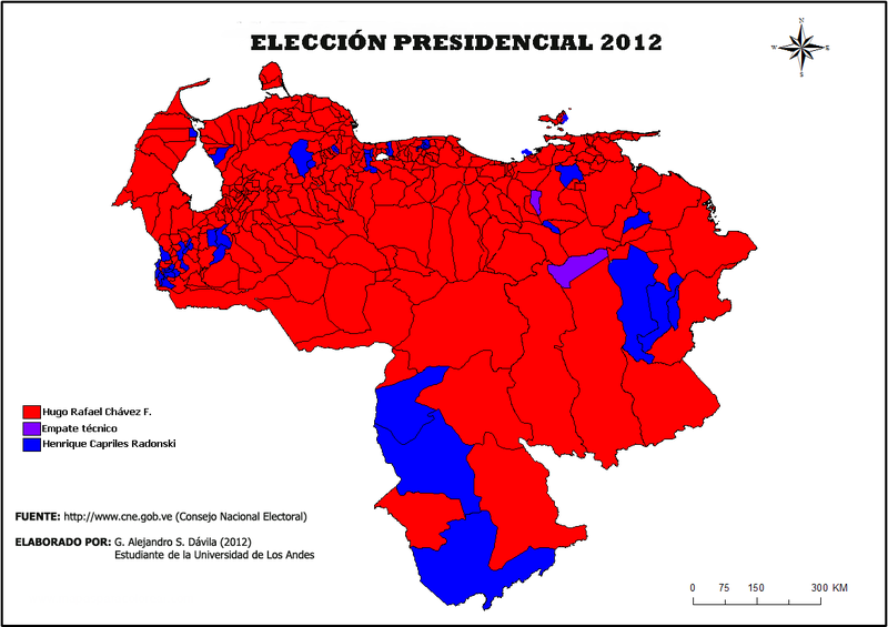 En rojo se pueden ver los lugares donde Hugo Chávez Frías domino y los lugares en azules son donde Capriles domino en las elecciones de 2012